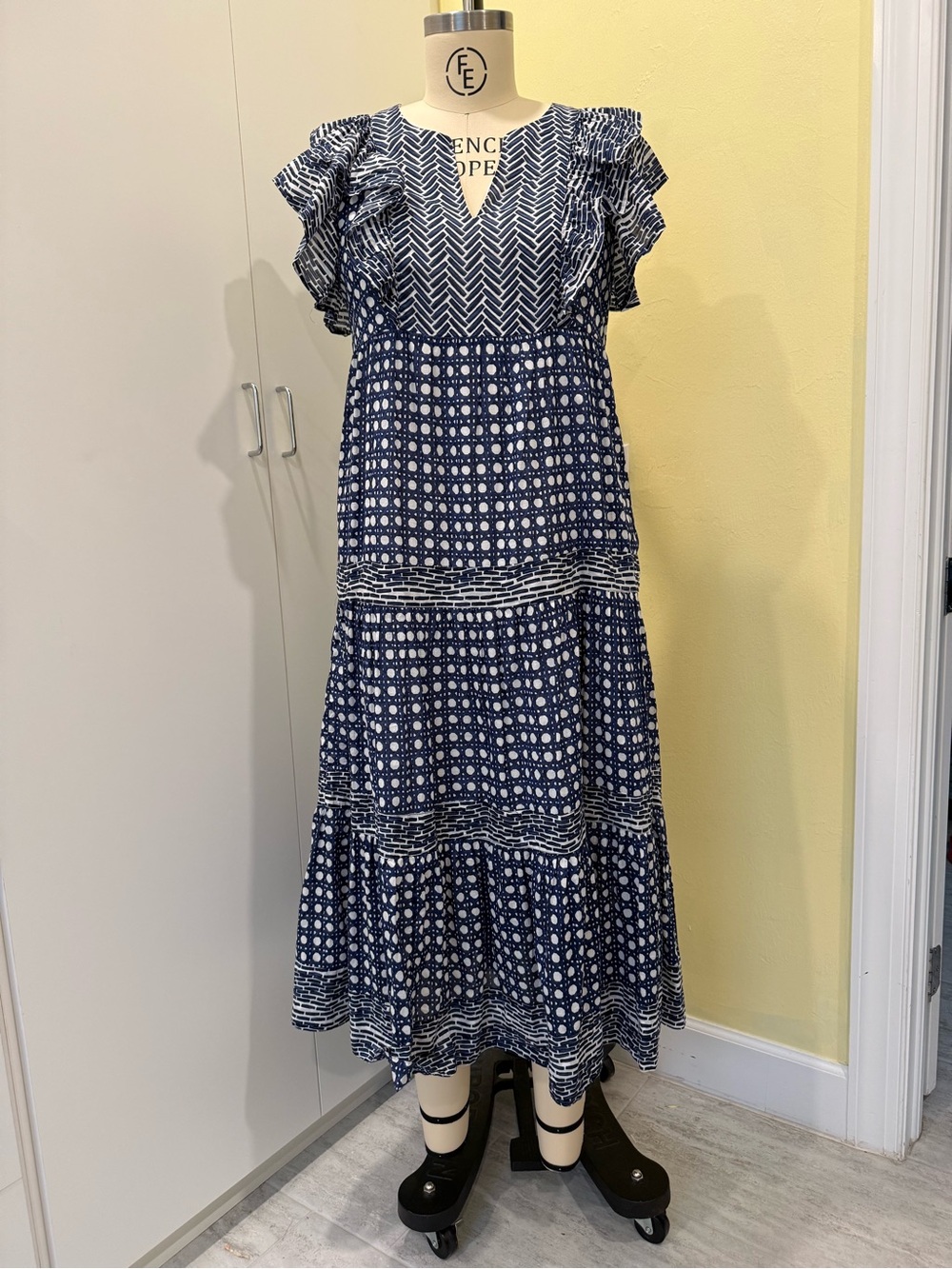 crown & ivy Navy Blue Printed Ruffle-Sleeve Maxi Dress